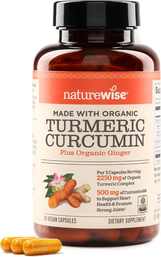 NatureWise Bio-Kurkuma Curcumin mit Ingwer 3er-Pack 2250mg Komplex 500mg Curcuminoide 90 Vegane Kapseln für Herzgesundheit Gelenkunterstützung