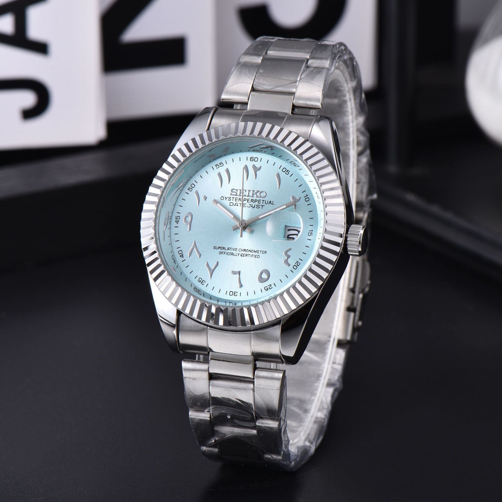 Men's Silver Luxury Dress Watch | Fluted Bezel Arabic Numeral Black Dial Jubilee Bracelet Date Watch