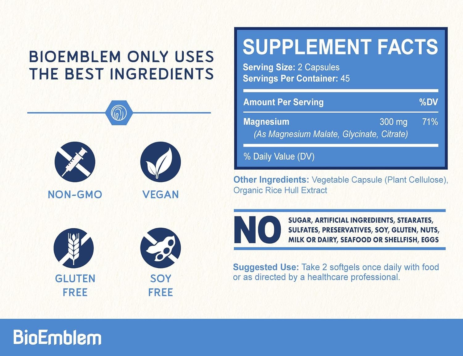 BioEmblem Triple Complex Magnesium 300mg Set of 2 | 90 Veggie Caps | Malate + Glycinate + Citrate High Absorption Non-GMO Supplement
