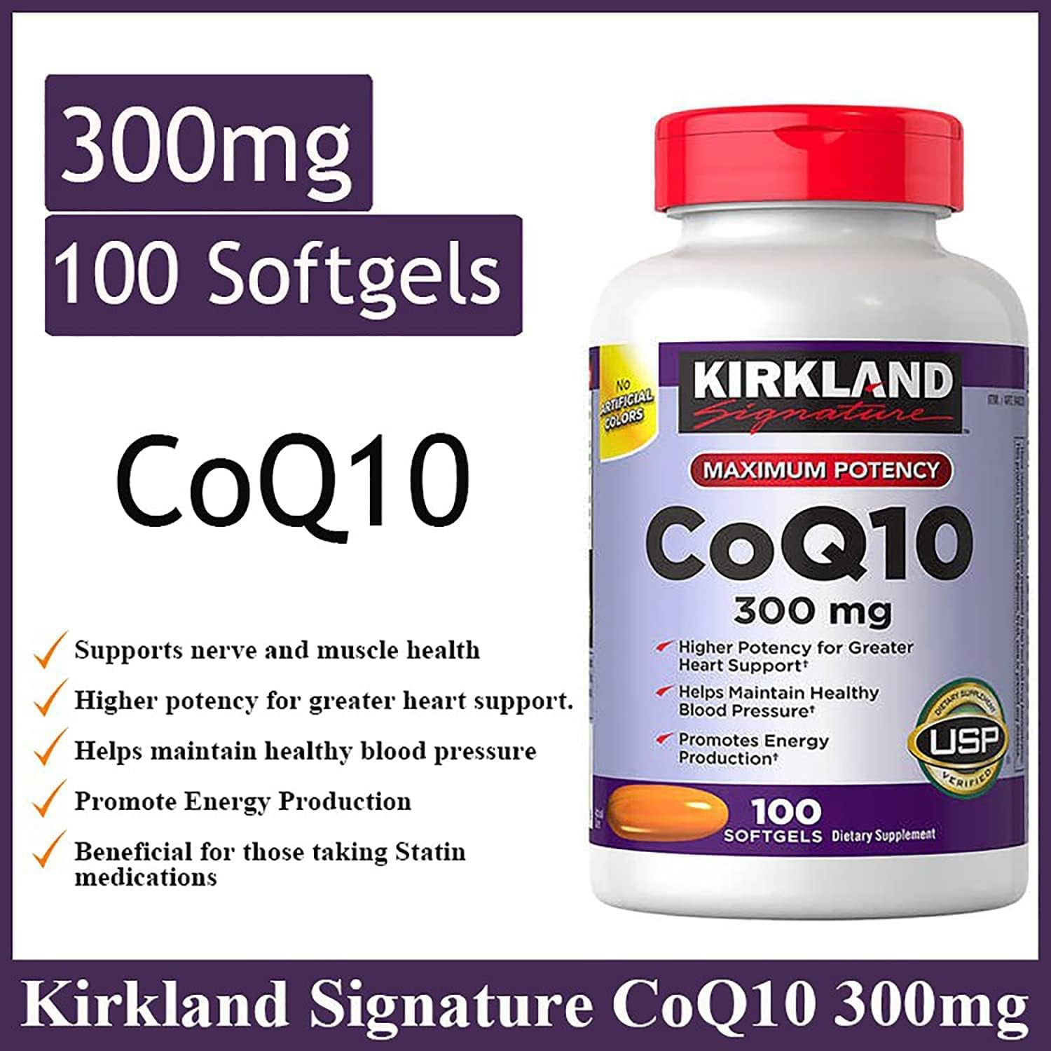 Kirkland Signature CoQ10 300mg Set of 2 | 100 Softgels | Maximum Potency USP Verified Heart & Energy Supplement
