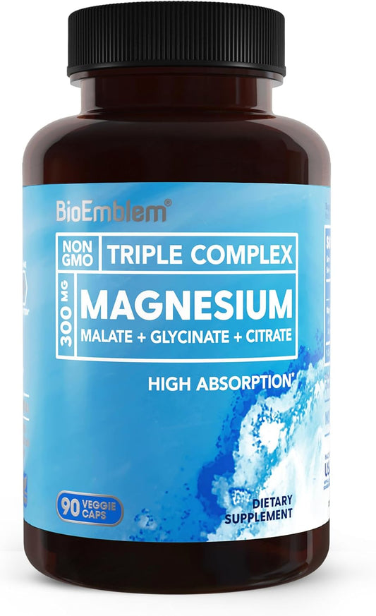 BioEmblem Triple Complex Magnesium 300mg 2er-Set | 90 Vegane Kapseln | Malat + Glycinat + Citrat Hochresorbierbares GMO-freies Nahrungsergänzungsmittel