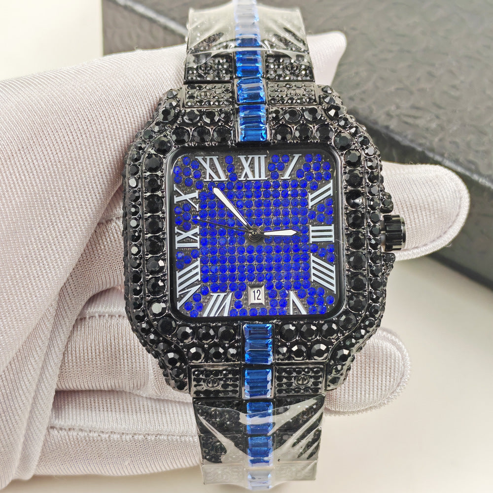 Iced Out Square Watch Men | Black CZ Blue Sapphire Baguette | Roman Numeral Blue Pave Dial | Hip Hop Luxury Date Watch