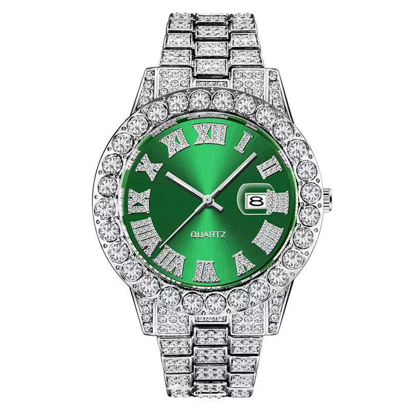 Iced Out Silver Watch | Green Sunburst Dial Diamond Roman Numerals | Full Crystal Bezel & Bracelet Mens Hip Hop Quartz Watch