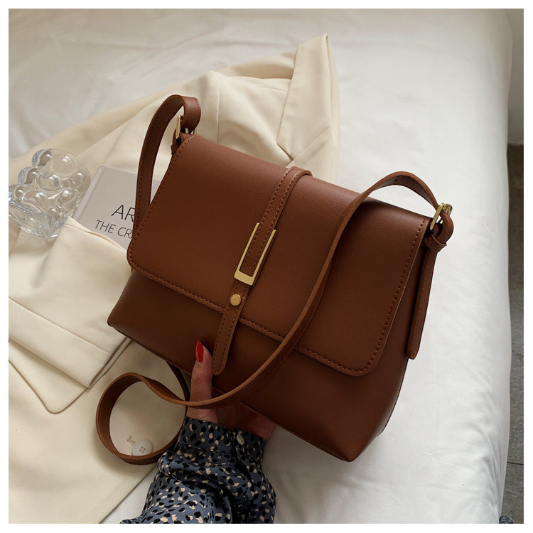 Black Leather Crossbody Bag with Gold Hardware | Structured Flap Shoulder Purse