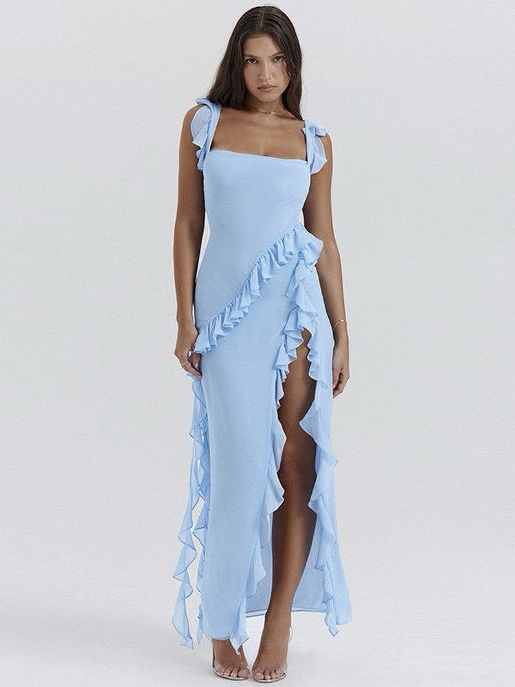 Women's Red Ruffle Asymmetric Maxi Dress | Spaghetti Strap High Slit Flowy Party Dress