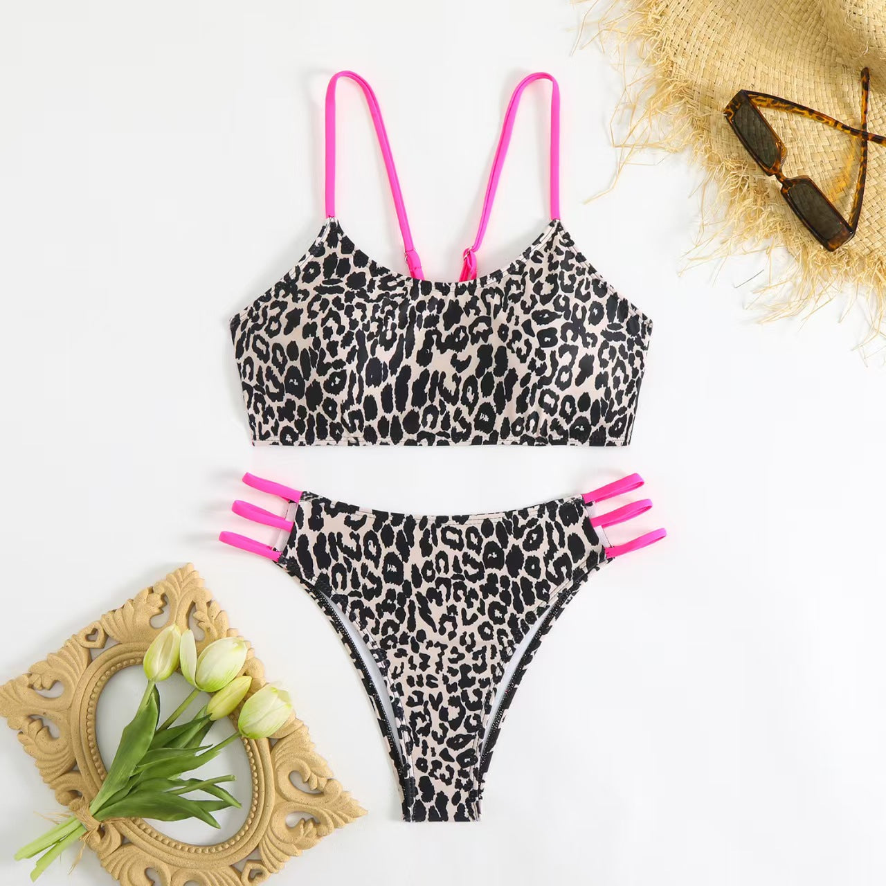Leopard Print Neon Pink Strap Bikini Set, Crop Top & Triple Strap Cheeky Bottom, Women Animal Print Color Block Swimwear, Bold Beach Swimsuit, Black Tan Hot Pink Two Piece Bathing Suit