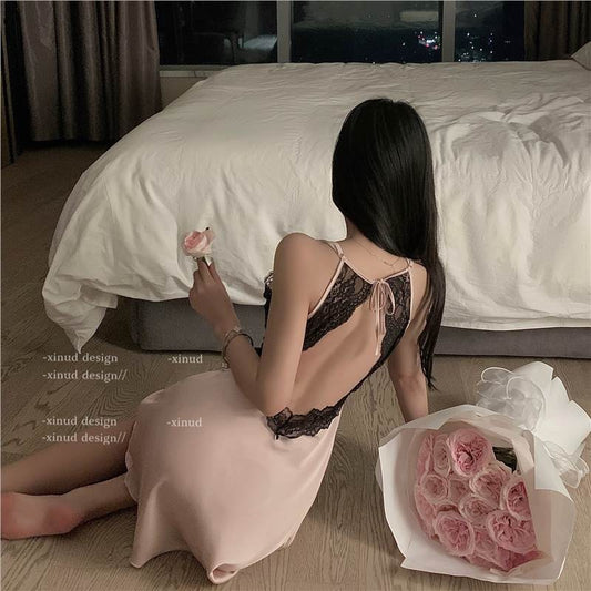 Women's Black Lace Nude Pink Satin Contrast Slip Nightgown Sexy Deep V Neck Flared A-Line Mini Sleep Dress Chemise