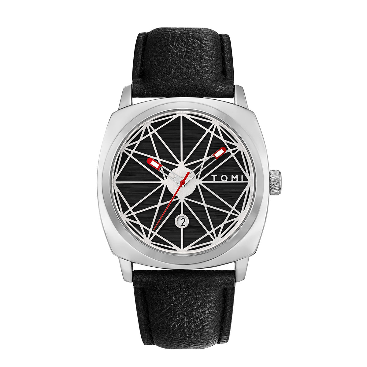 TOMI All Black Geometric Dial Men's Watch | Red Accent Hands Cushion Case Black Leather Strap Date Watch