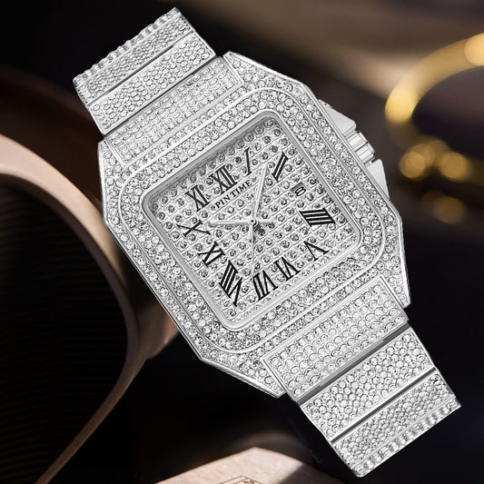 Pin Time Men's Full Iced Out Square Watch | Silver CZ Pave Roman Numeral Santos Style Hip Hop Watch with Date