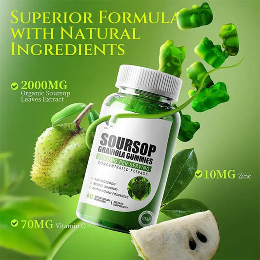 Soursop Graviola Gummibärchen 2000 mg pro Portion 60 vegetarische Gummibärchen Konzentrierter Extrakt für Verdauung, Immunität und Antioxidantien-Unterstützung