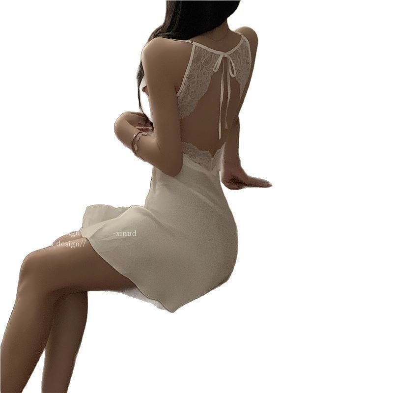Women's Black Lace Nude Pink Satin Contrast Slip Nightgown Sexy Deep V Neck Flared A-Line Mini Sleep Dress Chemise