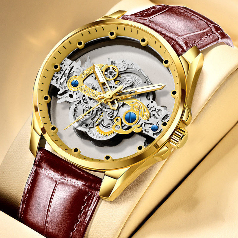Men's Skeleton Automatic Mechanical Watch | Hollow Tourbillon Gold Gear Stainless Steel | Blue Accent Luxury Timepiece