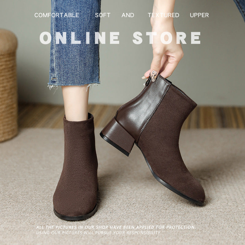 Black Suede Block Heel Ankle Boots | Women's Zip-Up Pointed Toe Booties