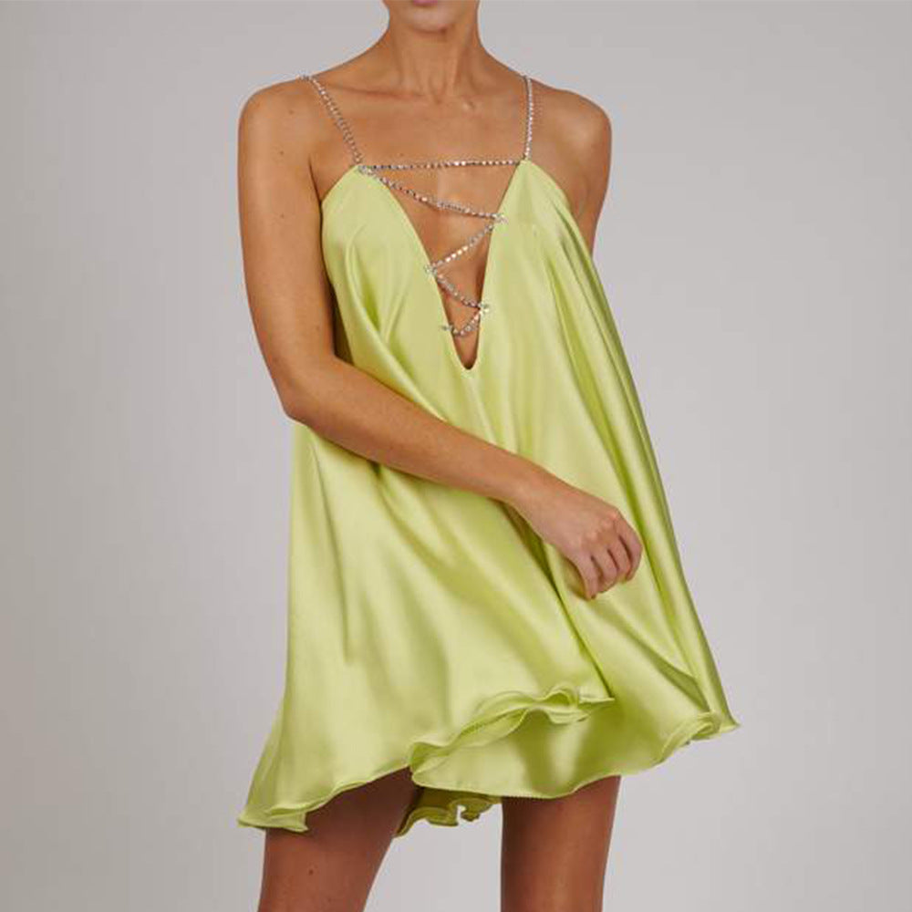 Satin Rhinestone Chain Strap Slip Dress | Crystal Strappy Babydoll Nightgown | Luxury Lingerie