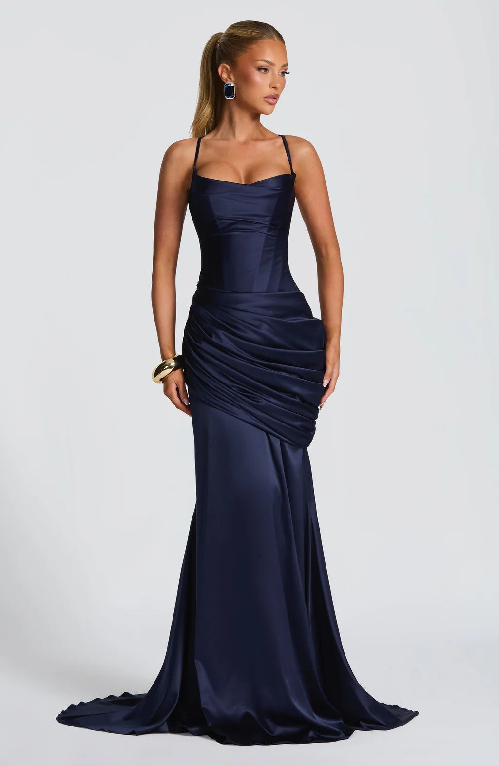 Women's Navy Blue Satin Mermaid Maxi Dress | Ruched Detail | Spaghetti Straps | Formal Evening Gown