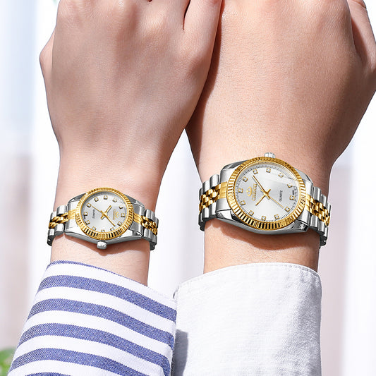 Chenxi His & Hers Couple Watch Set | Gold Dial Crystal Markers Fluted Bezel | Two-Tone Quartz Watches Gift Set