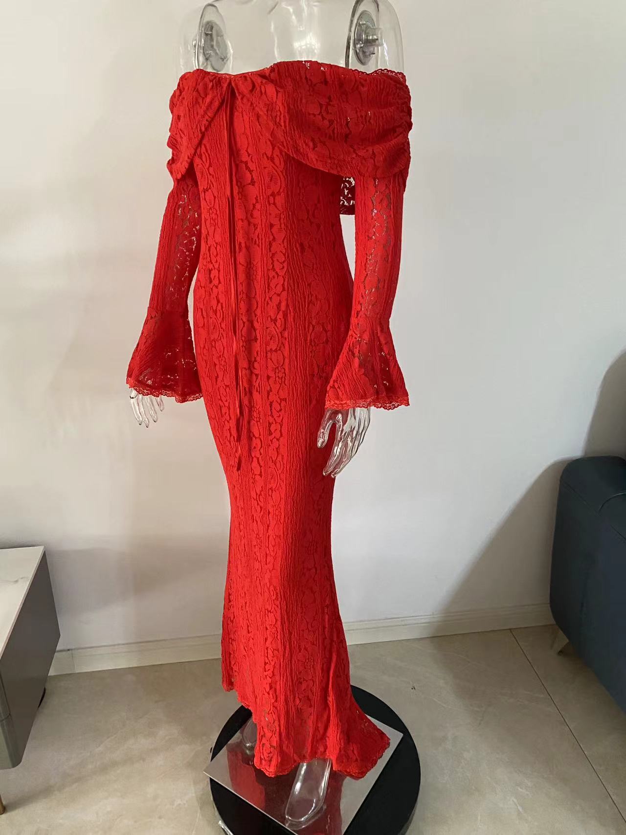 Black Lace Off Shoulder Mermaid Maxi Dress Bell Sleeve Corset Bodycon Gown | Women Elegant Evening Formal Wedding Guest Party Dress
