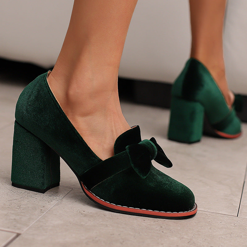 Magenta Velvet Bow Loafer Block Heel Pumps | Women's Round Toe Slip-On Chunky Heel Shoes | Luxury Velvet Party Heels