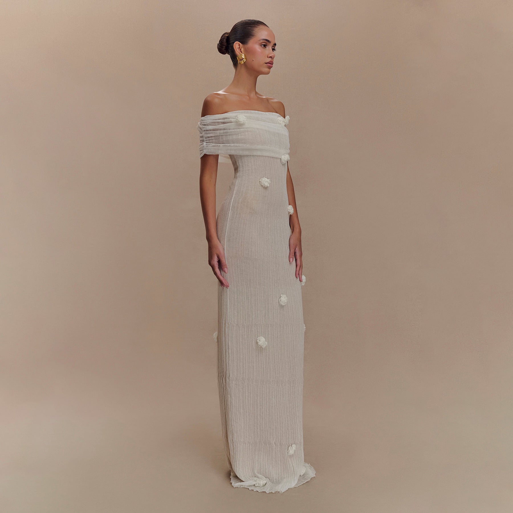 White Off-Shoulder Pleated Maxi Dress | 3D Floral Appliqu� Bridal Gown | Women's Luxury Formal Evening Dress