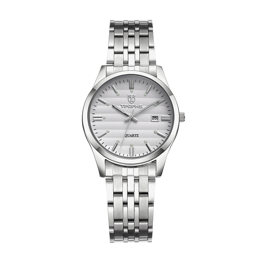 TROFHS Men's Quartz Watch | White Striped Dial | Brushed Stainless Steel Bracelet | Classic Silver Dress Watch with Date Window