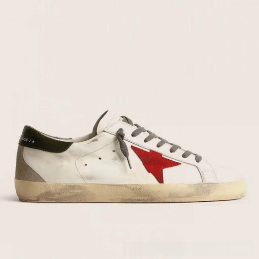 Women's White Distressed Star Patch Low Top Sneakers ? Vintage Worn Look Leather Style Lace-Up Shoes