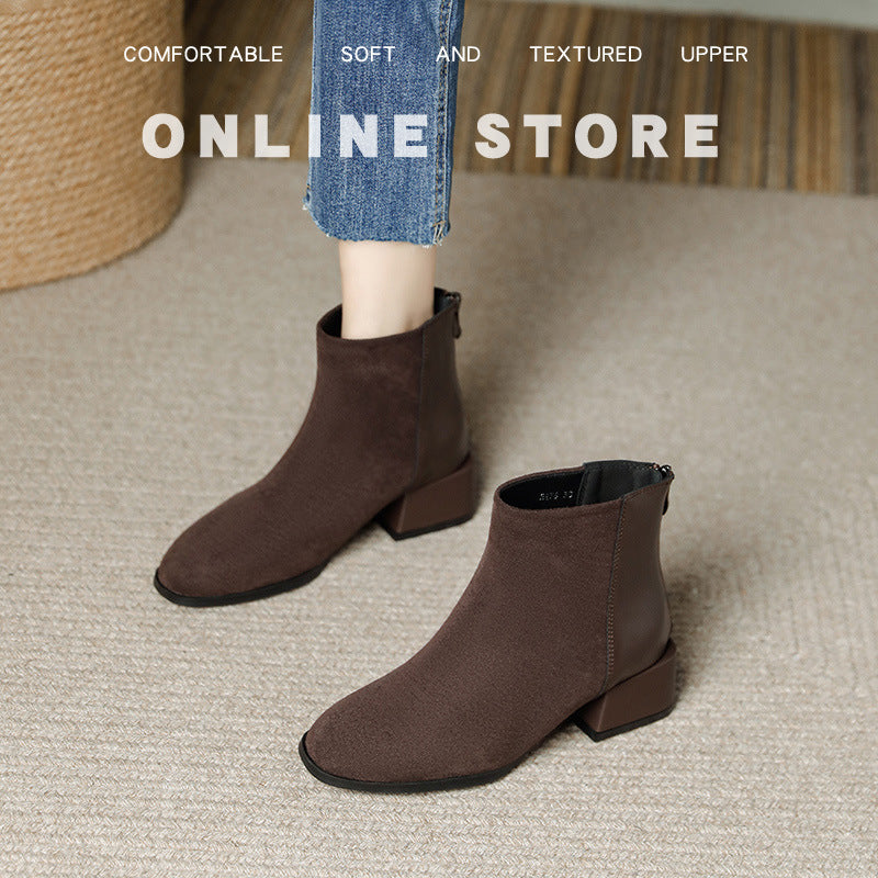 Black Suede Block Heel Ankle Boots | Women's Zip-Up Pointed Toe Booties