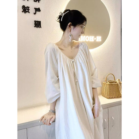 Women's Beige Oversized Loose Maxi Dress Casual V-Neck Tie Front Puff Sleeve Flowy Nightgown Sleepwear Dress