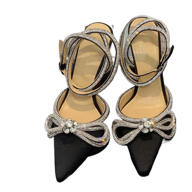 Black Satin Crystal Rhinestone Bow Heels for Women | Diamond Bow Pointed Toe Slingback Stiletto Sandals | Luxury Bridal Wedding Crystal Bow Pumps | Designer Inspired Jewel Bow Evening Heels