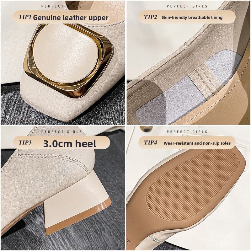 Cream Square Toe Gold Metal Buckle Pumps Women Slip On Mid Heel Elegant Office Party Dress Shoes