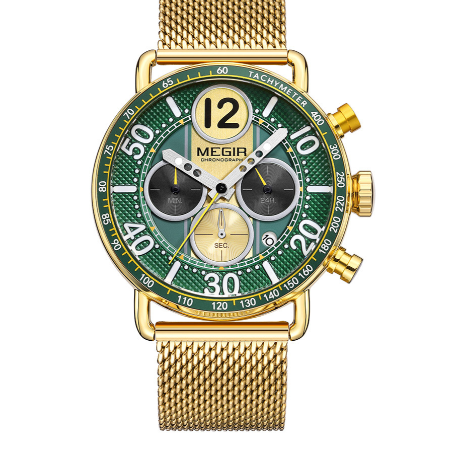 MEGIR Chronograph Men's Watch | Sky Blue Dial Gold Mesh Bracelet Tachymeter Multifunction Sport Luxury Timepiece