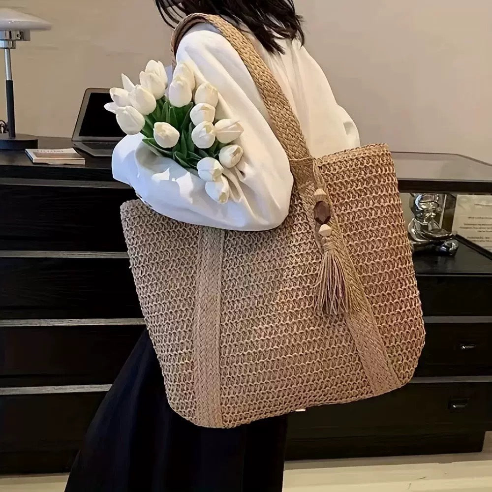 Natural Woven Straw Tote Bag with Tassel | Beach Crochet Shoulder Bag