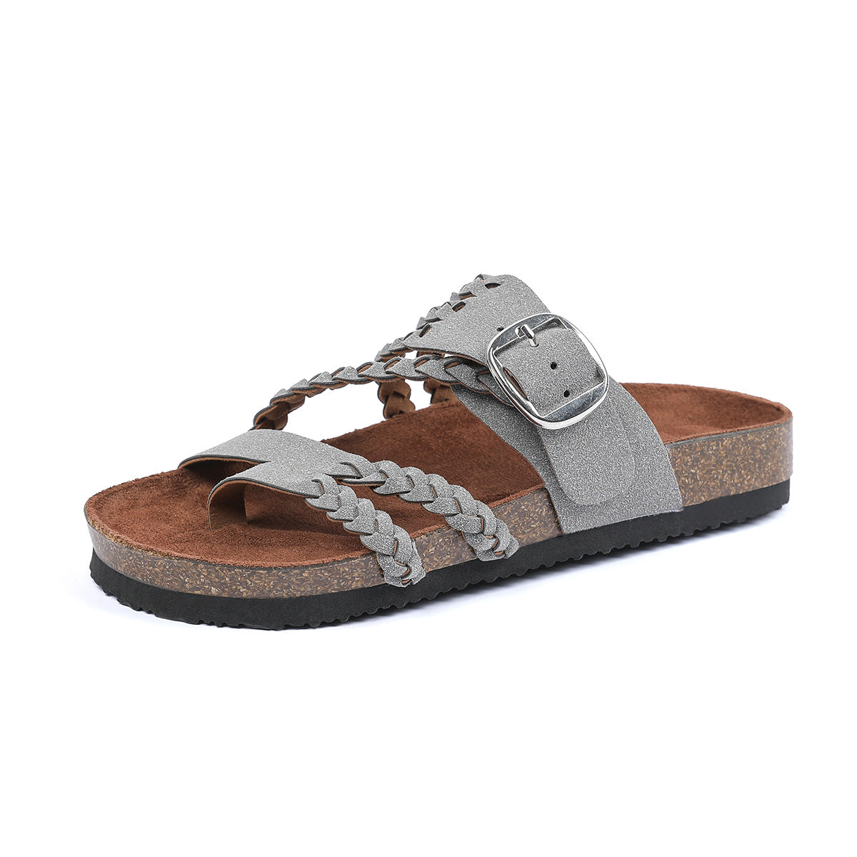 Cream Braided Strap Cork Footbed Sandals Gold Buckle Toe Post Flat Suede Sandal | Women Boho Summer Beach Casual Comfortable Everyday Fashion Sandals