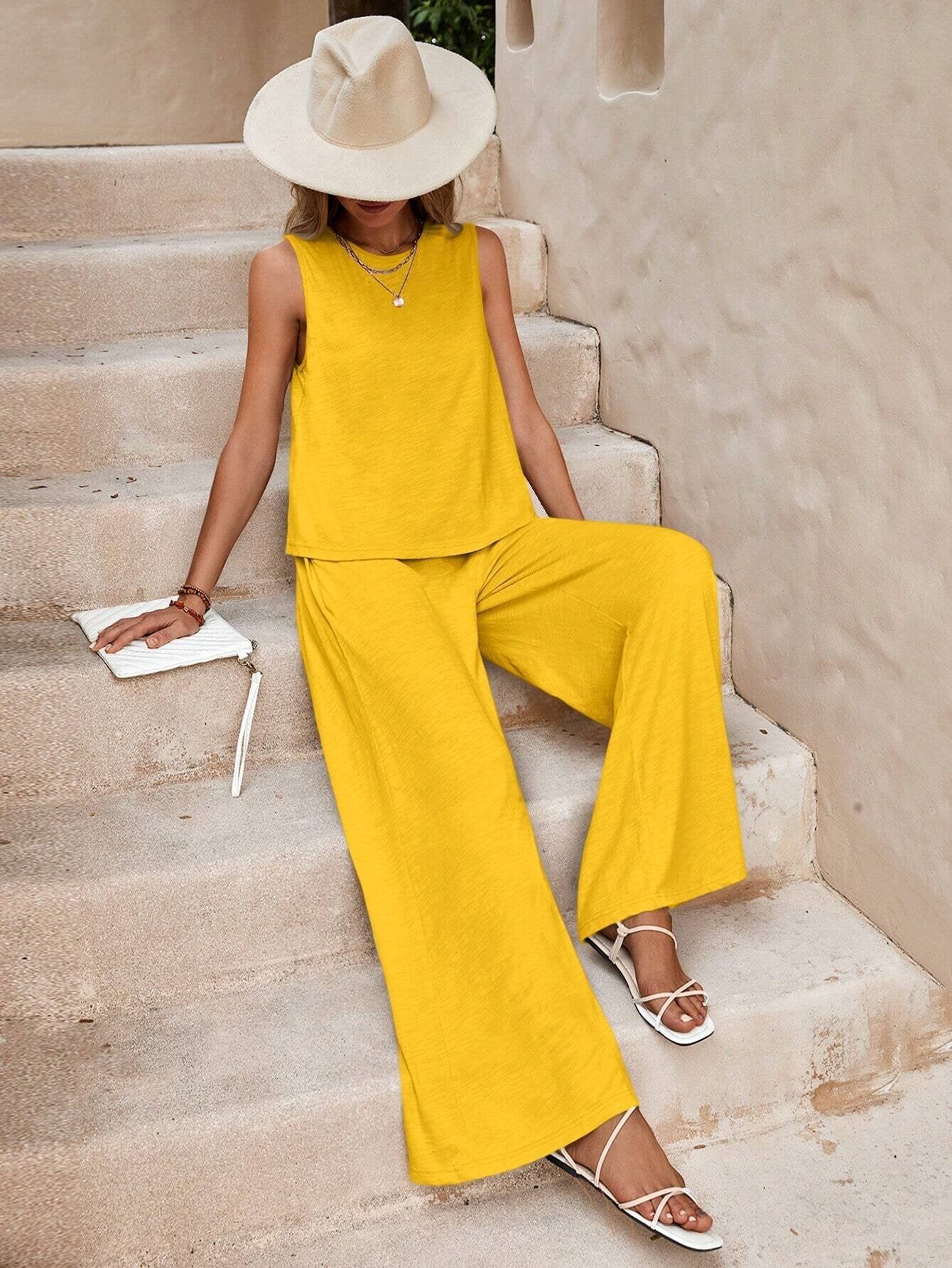Women's 2-Piece Sleeveless Top & Wide Leg Pants Set | Linen Style Casual Summer Co-ord Outfit | Multiple Colors