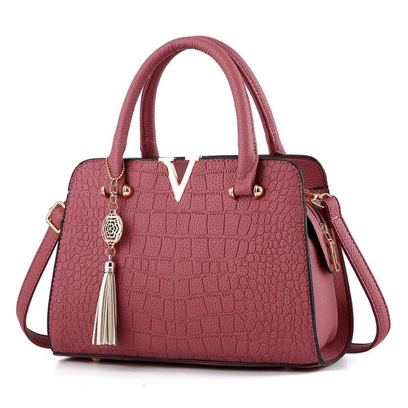 Black Crocodile Pattern Handbag with Gold V Hardware & Tassel | Luxury Women's Shoulder Satchel