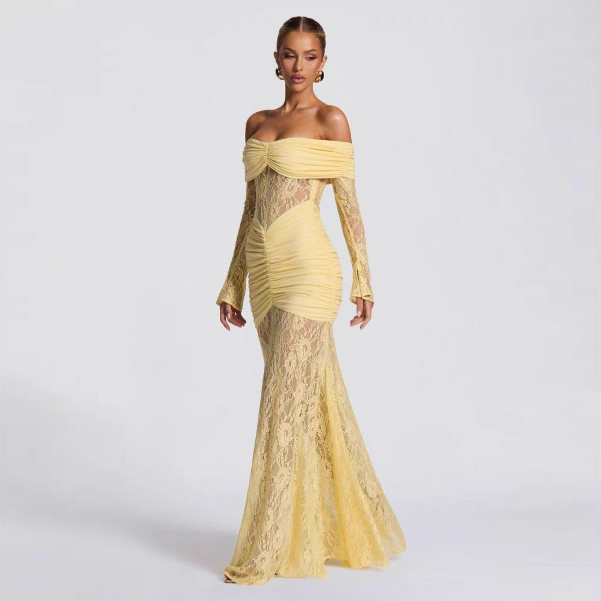 Black Off Shoulder Lace Maxi Dress - Long Sleeve Ruched Bodycon Mermaid Gown | Formal Evening & Wedding Guest Dress
