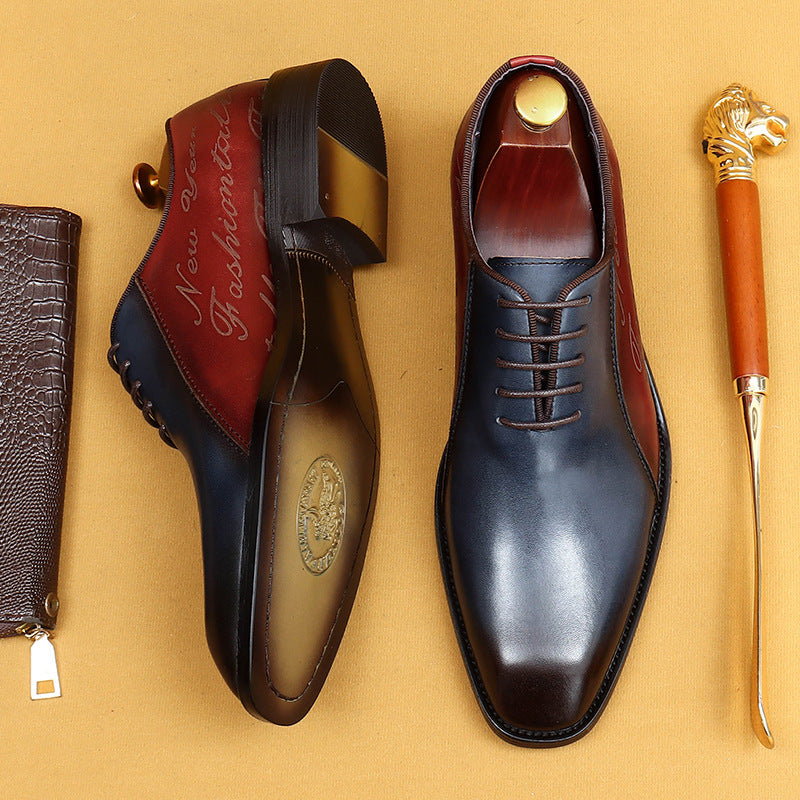 Men's Two-Tone Navy Blue & Burgundy Leather Oxford Dress Shoes | Script Embossed Lace-Up Formal Shoes