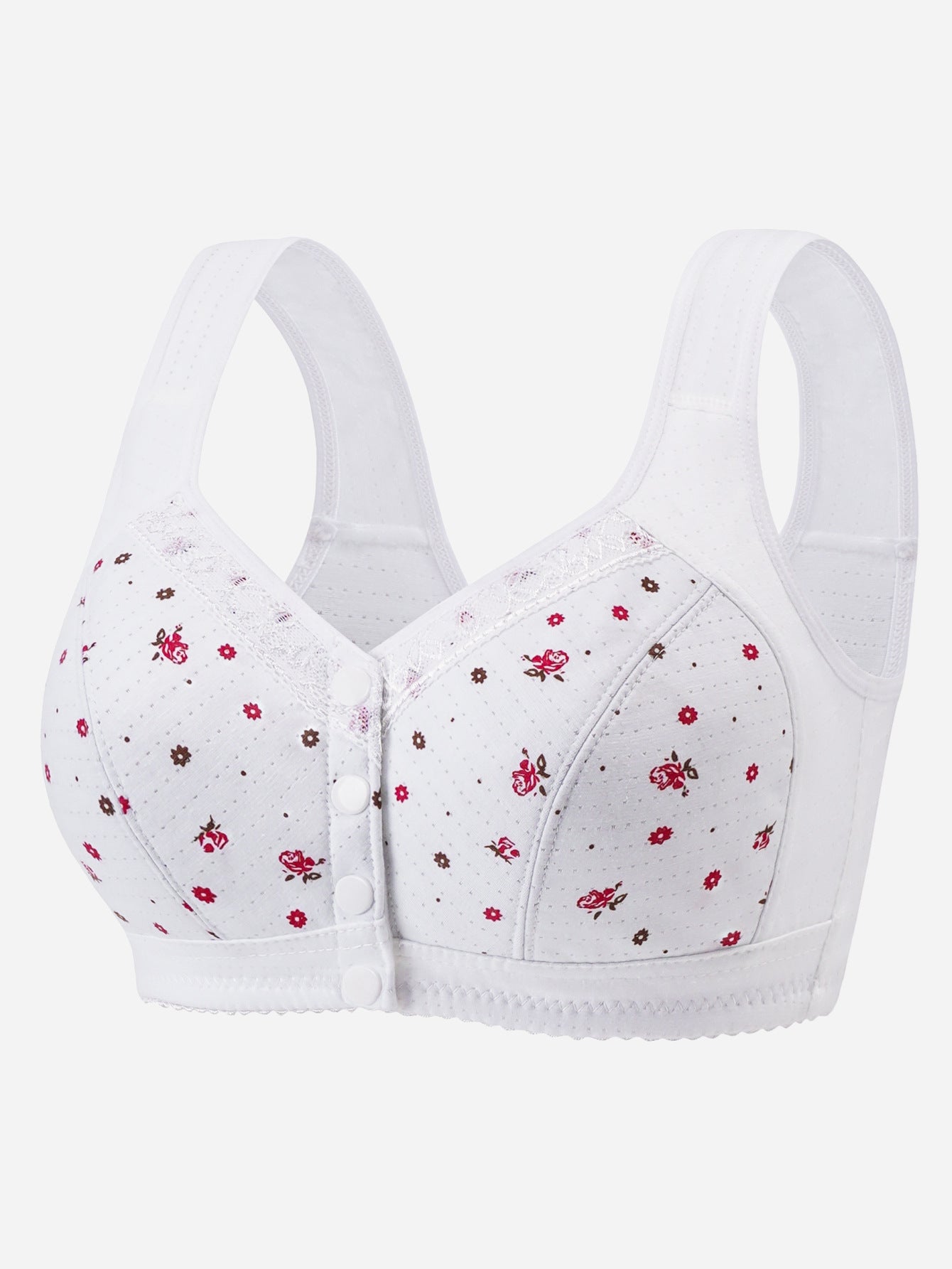 Women's Front Closure Wireless Bra | Floral Print Wide Strap Full Coverage Snap Button Bra | Comfort Bra for Seniors