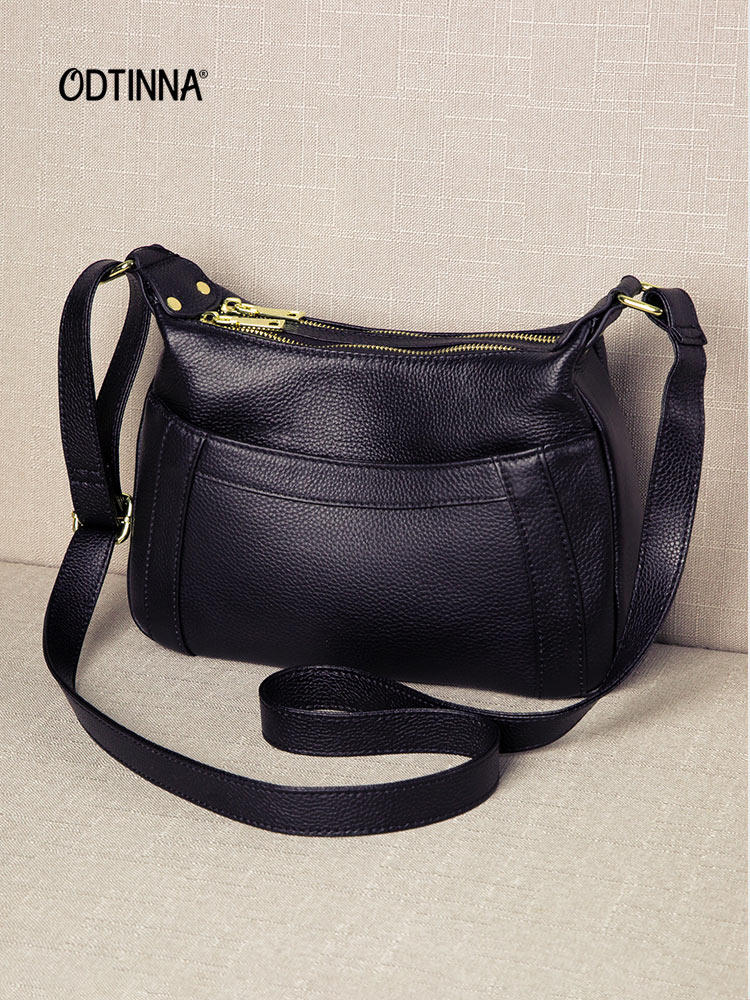 Black Leather Crossbody Bag with Front Pocket | Soft Hobo Shoulder Purse - ODTINNA
