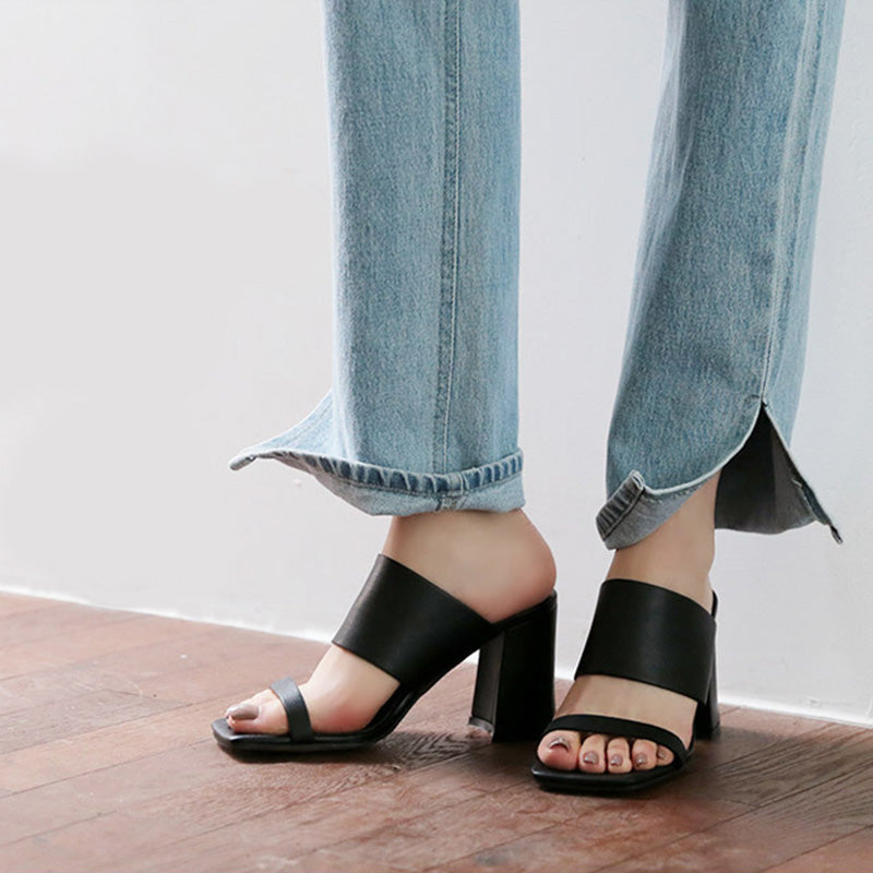 Black Leather Double Strap Wide Band Block Heel Mule Sandals | Women's Open Toe Chunky Heel Slip-On Shoes