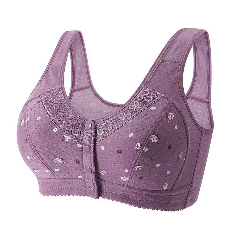 Women's Front Closure Wireless Bra | Floral Print Wide Strap Full Coverage Snap Button Bra | Comfort Bra for Seniors