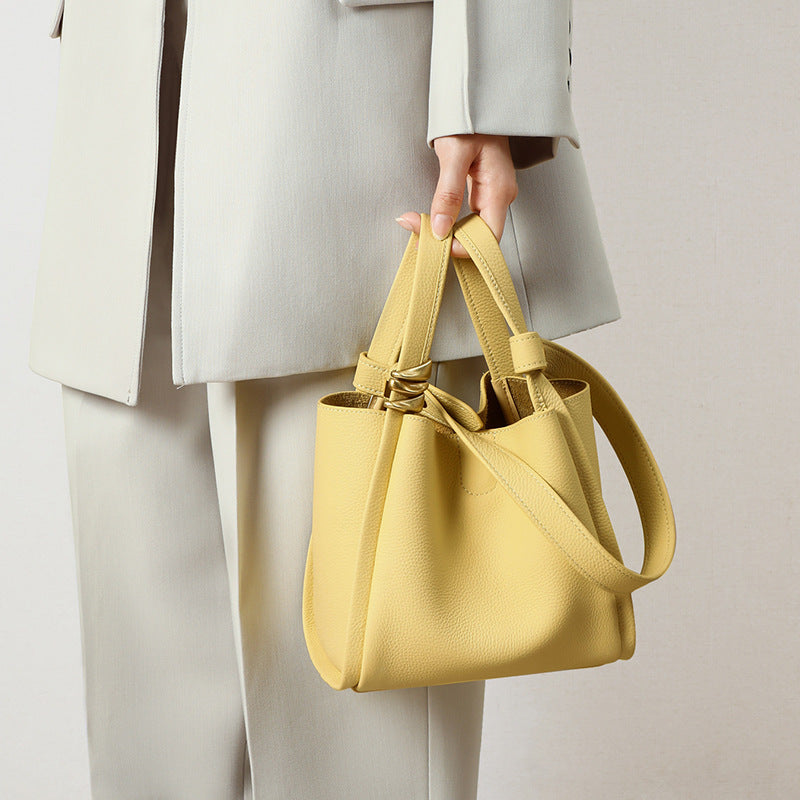 Cream Ivory Leather Tote Bag - Women's Shoulder Bag with Gold Knot Detail | Large Pebbled Leather Tote for Work & Everyday
