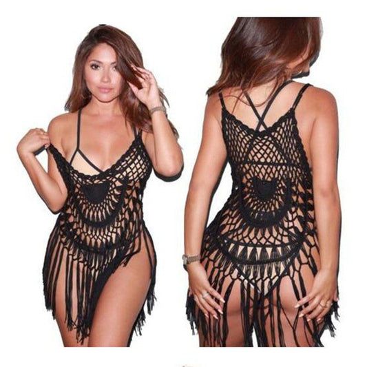 Black Crochet Fringe Lingerie Dress Women Sexy Hollow Out Tassel Babydoll Beach Cover Up Halter Boho Intimate Mini Dress