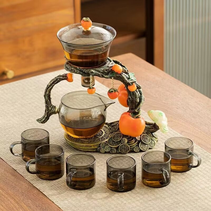 Chinese Automatic Glass Tea Set | Persimmon Tree Lucky Design | Magnetic Rotating Infuser | 6 Cups & Tea Tray | Kung Fu Gongfu Tea Ceremony Gift