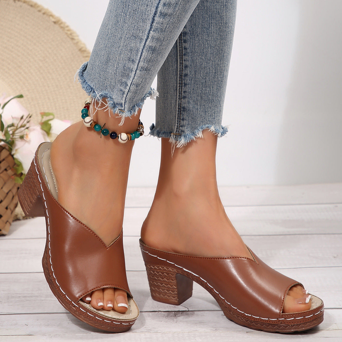 Black Leather Open Toe Block Heel Mule Slides | Women's Casual Slip On Chunky Heel Sandals