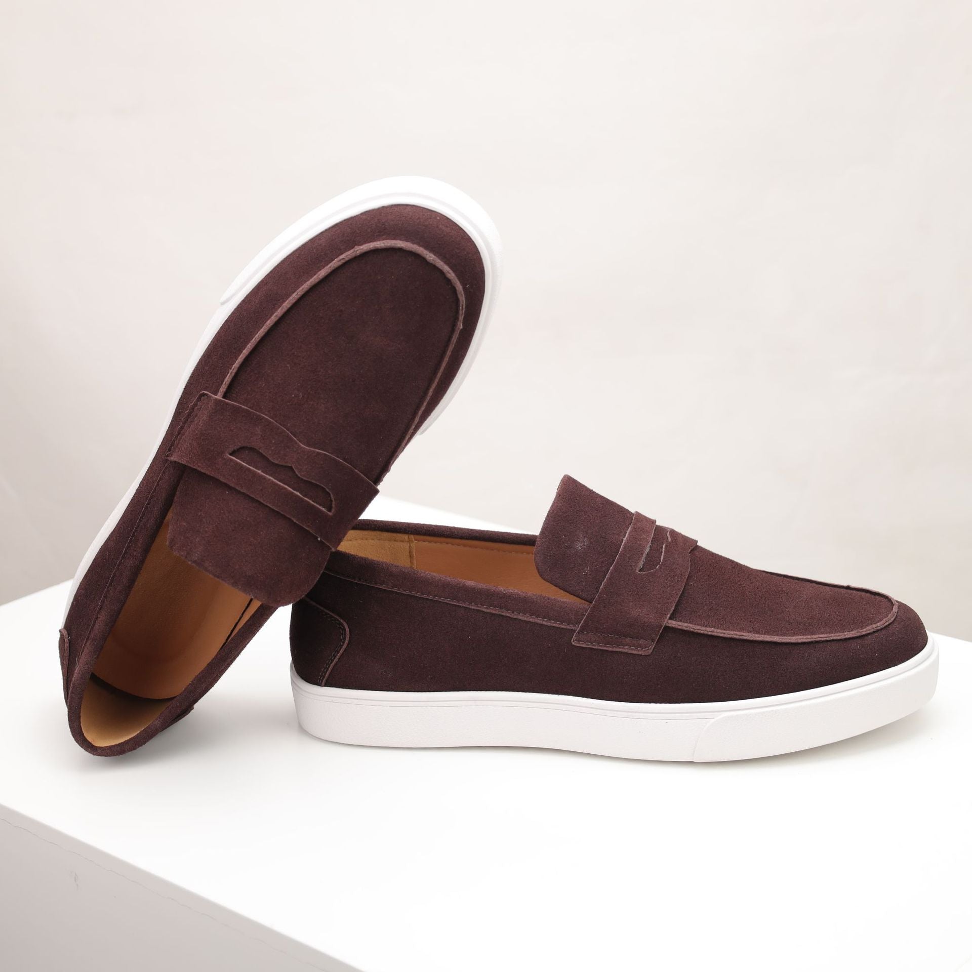 Men's Genuine Suede Leather Penny Loafers | Platform Slip-On Shoes | Tan Brown