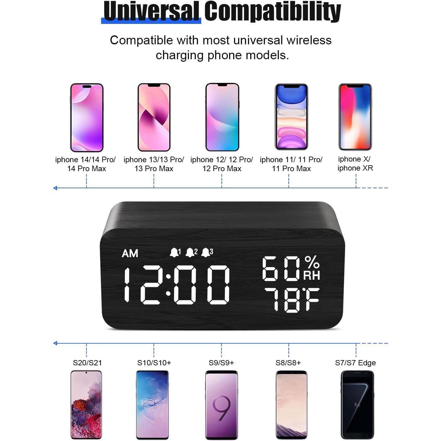 Wireless Charging Station Alarm Clock with Digital Display Temperature Humidity Wood Grain Design Qi Fast Wireless Charger for iPhone Android