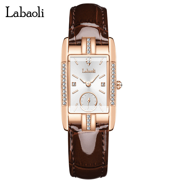 Labaoli Women's Rose Gold Rectangle Watch | Red Dial Crystal Lug Sub-Seconds Patent Leather Luxury Quartz Watch