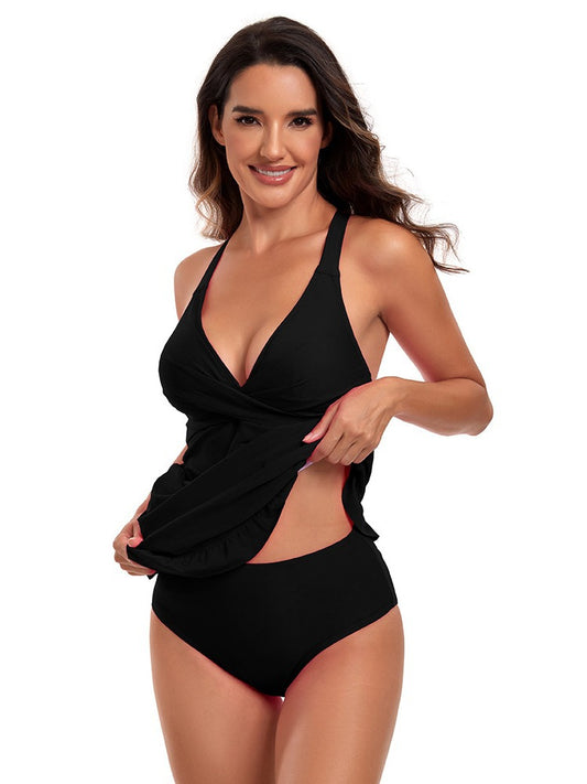 Black Ruched Swim Dress One Piece Swimsuit | V-Neck Tummy Control Swimwear | Women's Ruffle Hem Bathing Suit