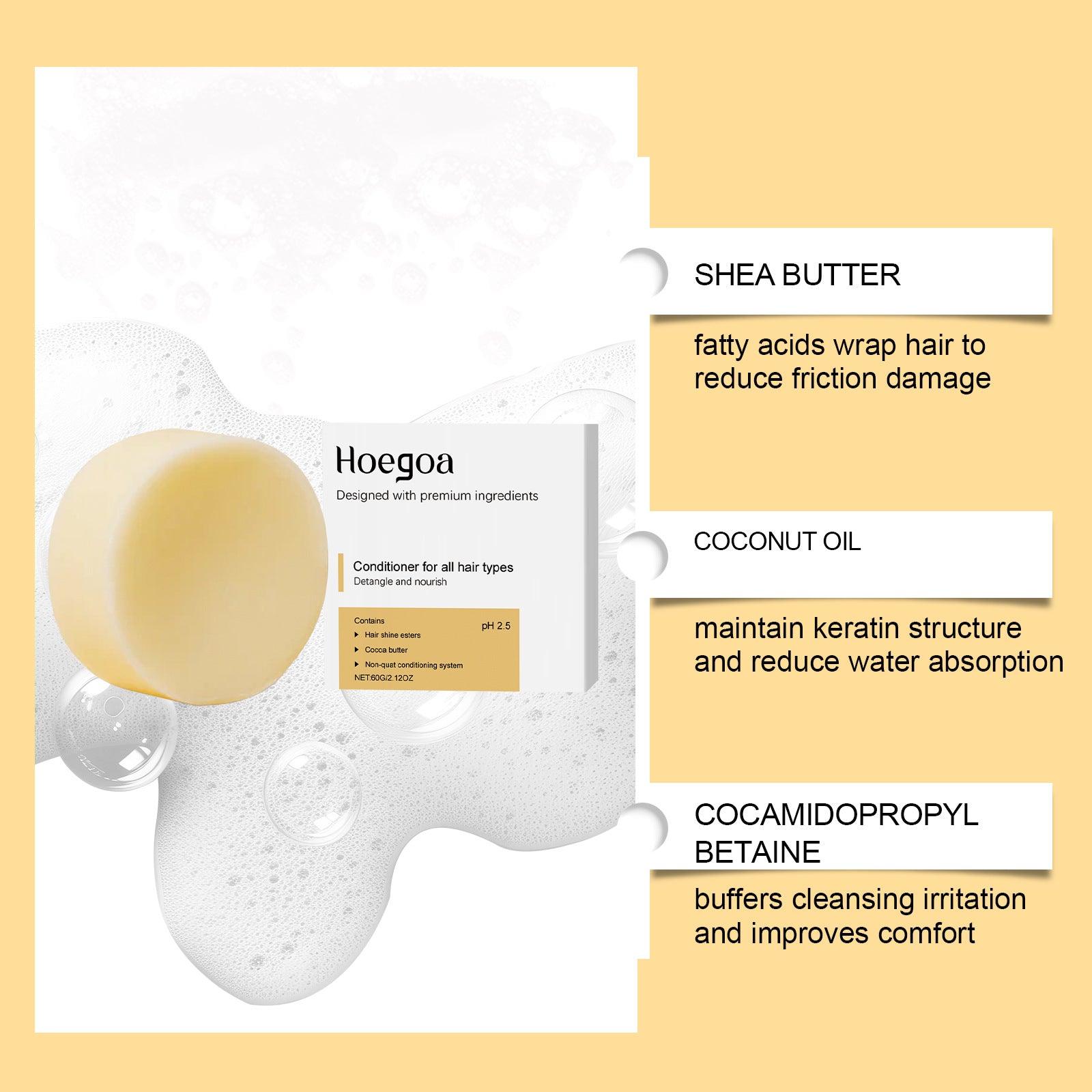 Hoegoa Solid Conditioner Bar All Hair Types Cocoa Butter Hair Shine Esters pH 2.5 | Natural Detangling Nourishing Hair Conditioner Bar 60g Zero Waste