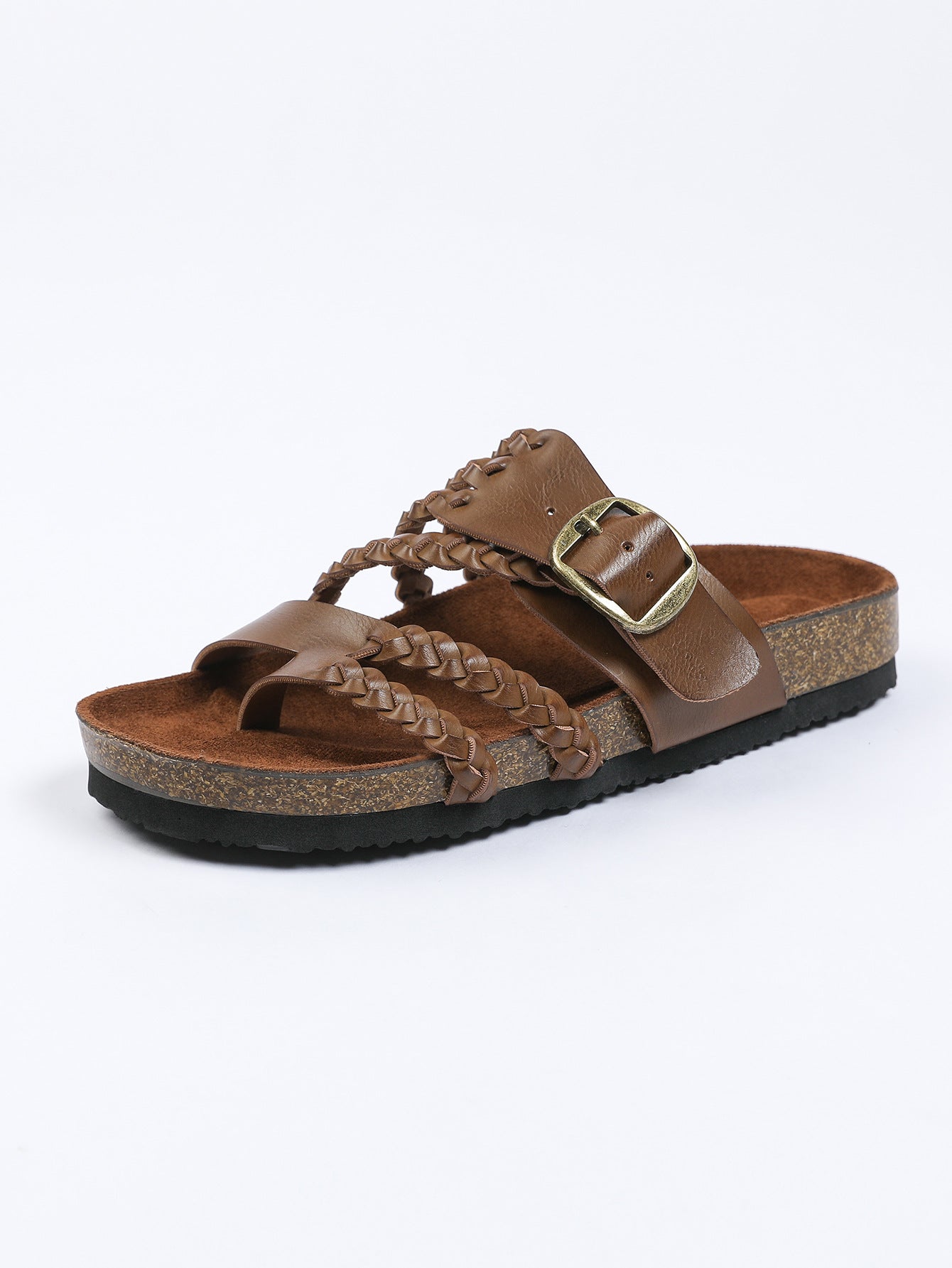 Cream Braided Strap Cork Footbed Sandals Gold Buckle Toe Post Flat Suede Sandal | Women Boho Summer Beach Casual Comfortable Everyday Fashion Sandals